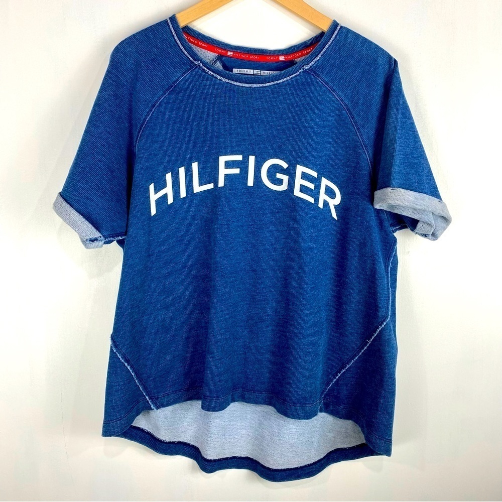 Tommy Hilfiger Sport LOGO Rolled Sleeve Casual Tee T-Shirt Top Blue Size Large